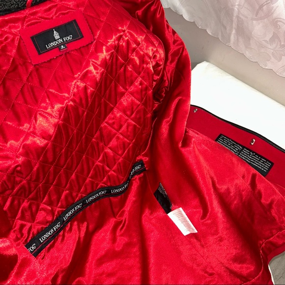 London Fog ZENA Candy Red Black Leather Trim Wool Clasp Snap Button Up Pea Coat - Picture 12 of 13